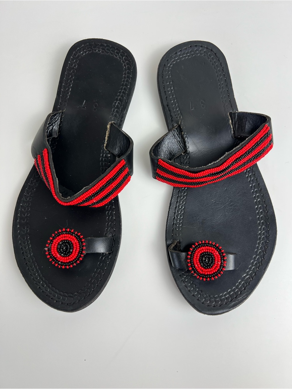 Maasai Handmade African Beaded Leather Sandals Black Red Size 6.5 Boho Festival